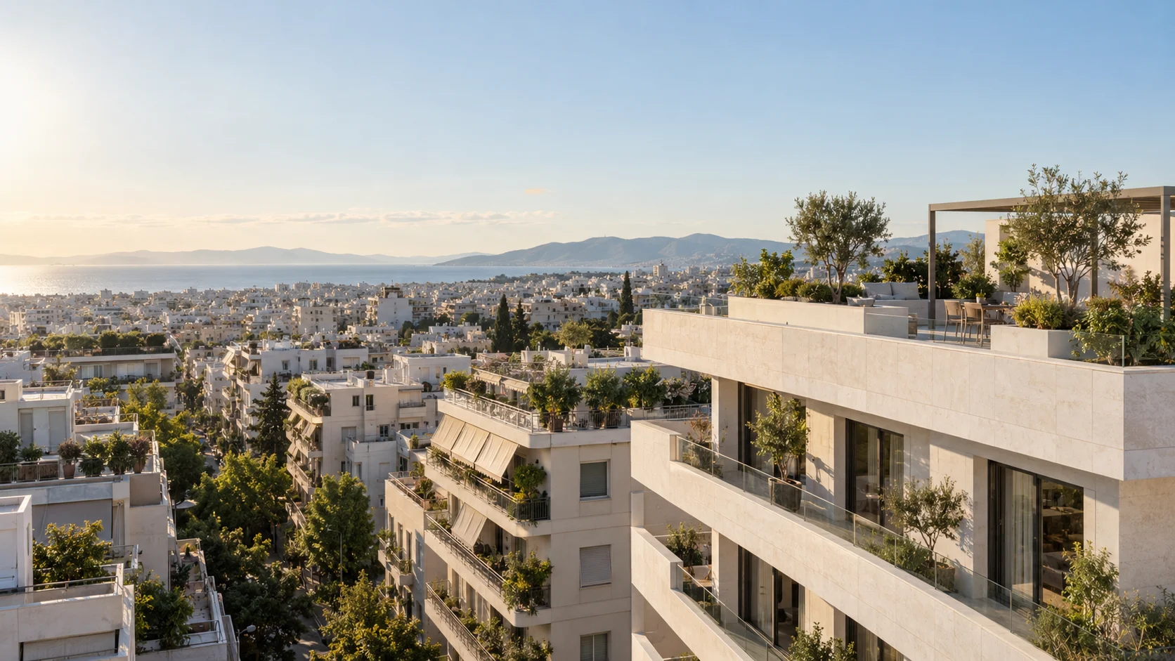 Σύγχρονες πολυκατοικίες και ταράτσες σε αστικό περιβάλλον